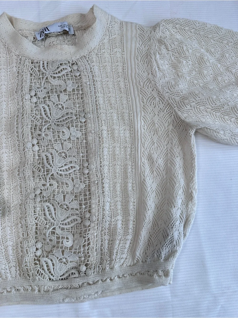 Romantic Lace Puff Sleeve Crop Top Zara Cream Crochet Blouse
